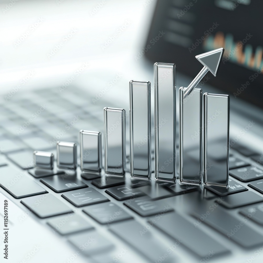 Poster A 3D bar graph on a laptop keyboard symbolizes business growth and data analysis.