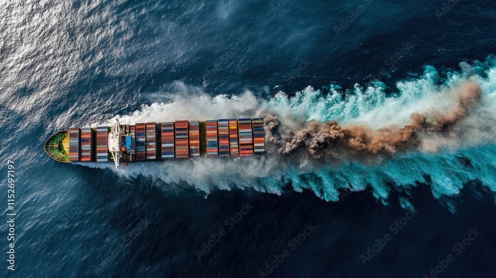 Aufkleber aerial view of a cargo ship releasing smoke while navigating through the ocean.