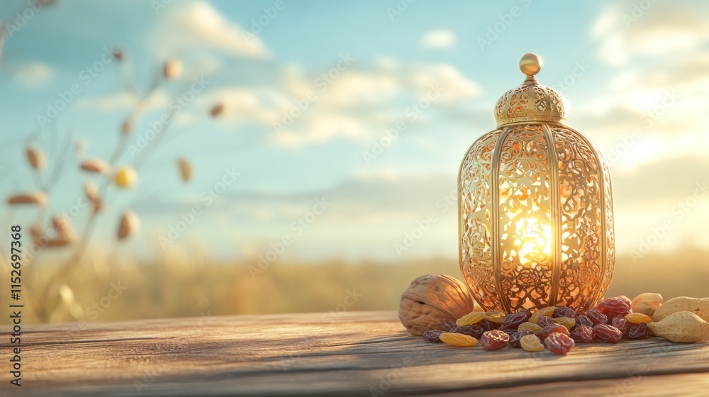 Poster a decorative lantern casting light, surrounded by nuts and dried fruits on a wooden table.