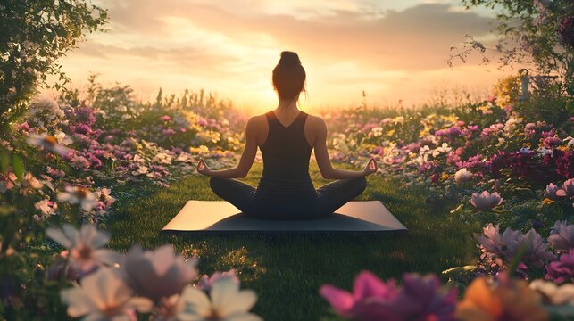 A serene scene of a woman meditating on a yoga mat in a garden filled with flowers