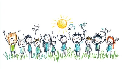 Fototapeta premium Happy Children Celebrate Together Under a Bright Sun with Upraised Hands and Joyful Expressions