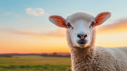 Fototapeta premium Adorable Lamb Standing in Peaceful Countryside Landscape at Sunset