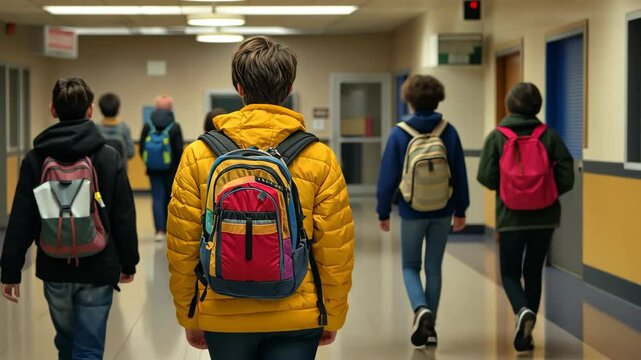 Students walk through a school hallway wearing backpacks in a busy educational environment