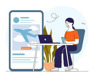 Woman booking flight. Young girl buys plane tickets. Travel and tourism, trip. Tourist preparing for vacation and holiday. Buying boarding pass on airplane. Linear vector illustration