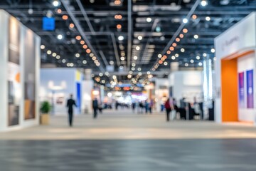 Blurred view of a busy trade show floor with exhibitors and attendees.