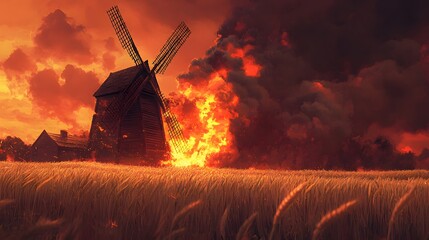 traditional wooden windmill engulfed in flames