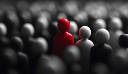 Red Figure Standing Out Among White Crowd Representing Individuality and Leadership