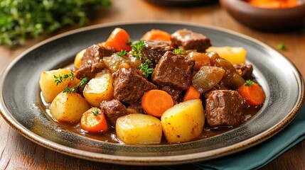 Delicious beef stew with potatoes and carrots on a dark plate.