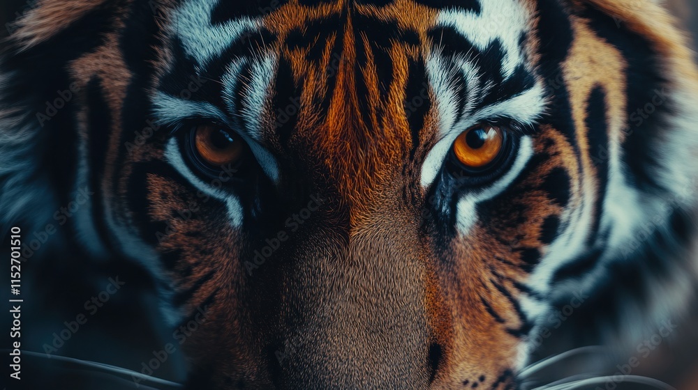 Poster close-up of a tiger's face, showcasing its intense gaze and striking fur patterns.