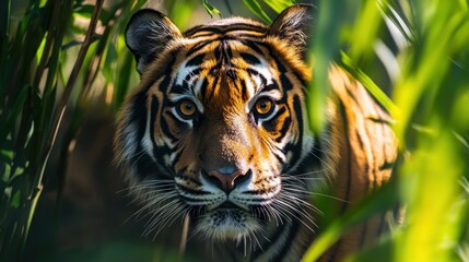 A close-up of a tiger's face peering through lush greenery, showcasing its striking features.