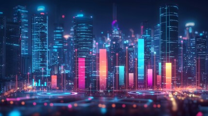 Futuristic city skyline at night with vibrant digital data graphs overlayed.  Image depicts technological advancement and economic growth.