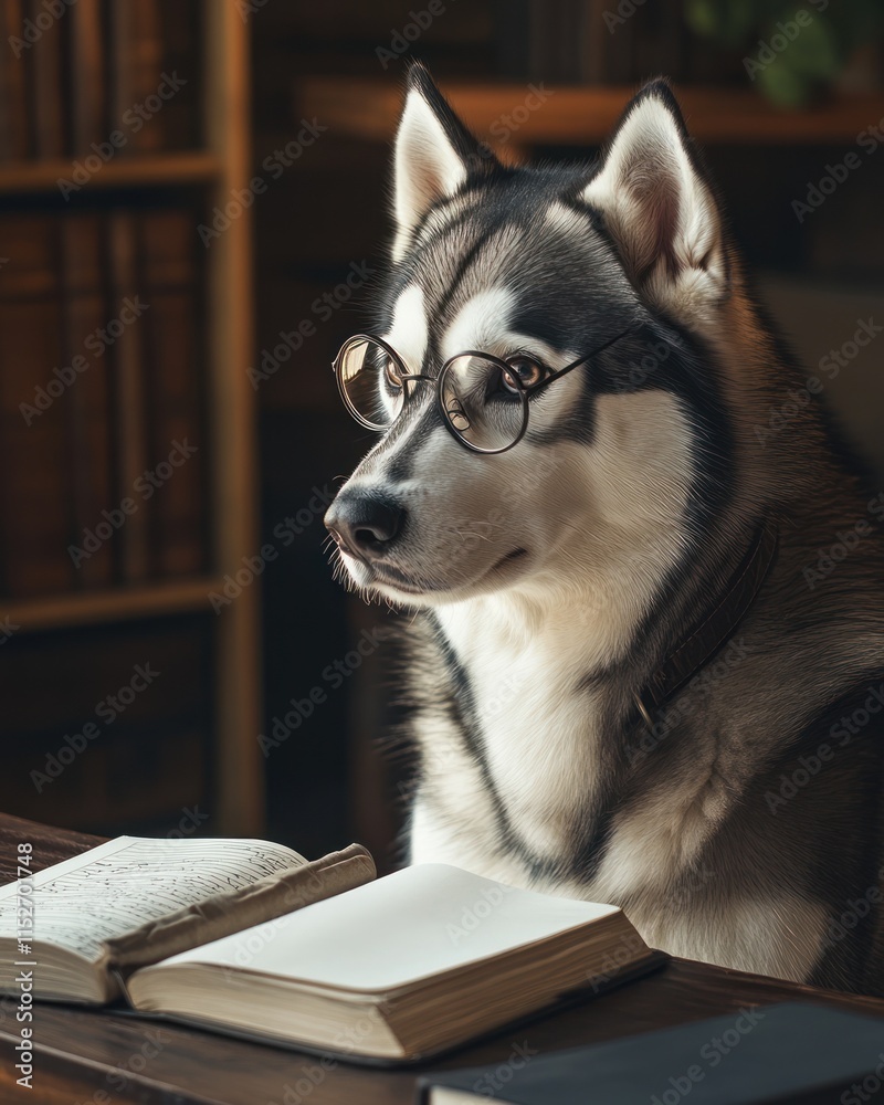Aufkleber A dog wearing glasses sits at a desk with open books in a cozy library setting.