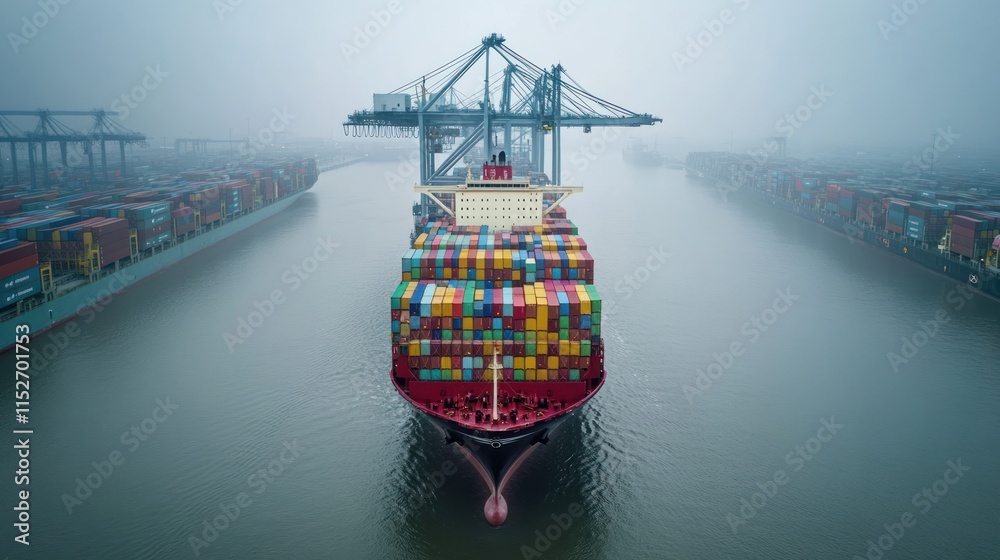Poster A large cargo ship loaded with colorful containers navigating through a foggy harbor.