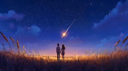 A couple holding hands and looking up at a bright shooting star in a vast open field