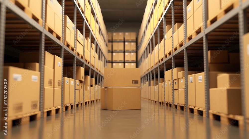 Poster a warehouse filled with stacked cardboard boxes on shelves, indicating storage and logistics.