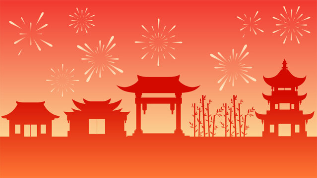 Landscape illustration of Chinese New Year at a village with fireworks