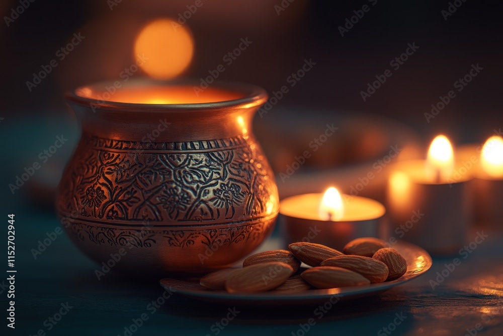 Aufkleber a decorative pot with almonds and candles, creating a warm, inviting atmosphere.