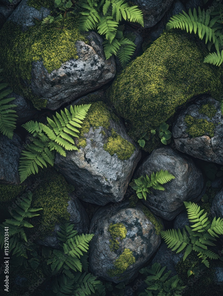 Poster A close-up view of moss-covered rocks interspersed with ferns in a natural setting.