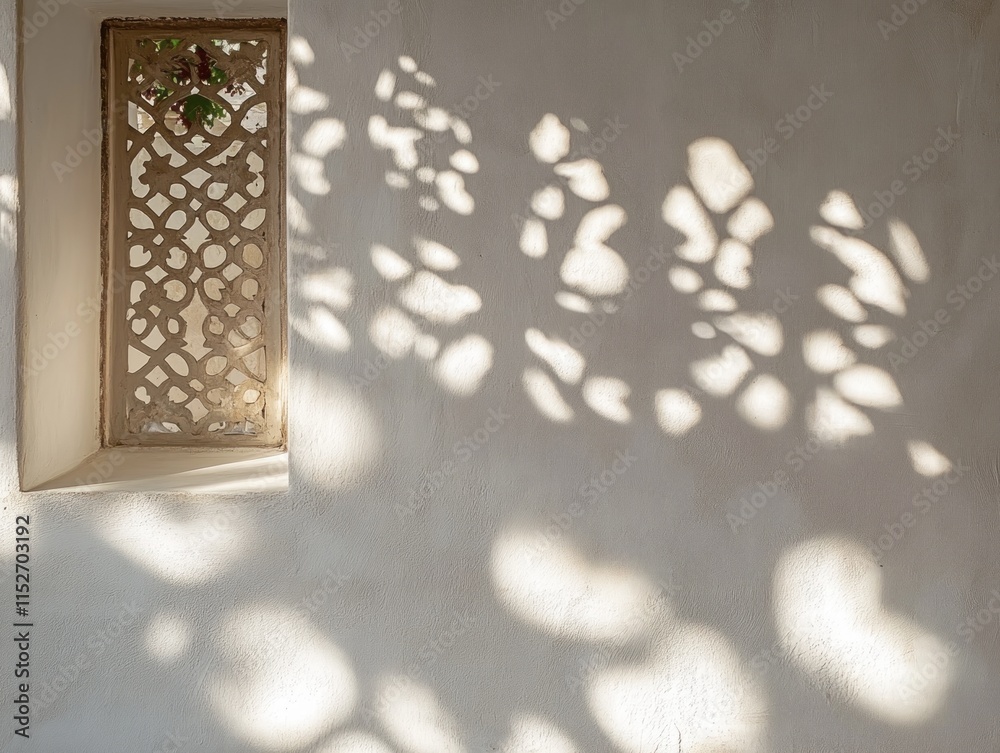 Poster a decorative window casting intricate shadows on a textured wall.
