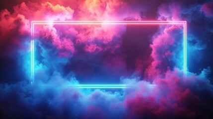 Colorful neon frame against a cloudy sky background.