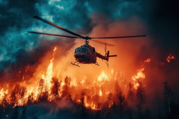 A red helicopter flies over a raging wildfire, dark clouds overhead. Illustrates firefighting efforts, environmental disaster, and emergency response.