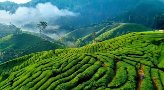Aerial drone photographing fresh green tea plantation. generative ai