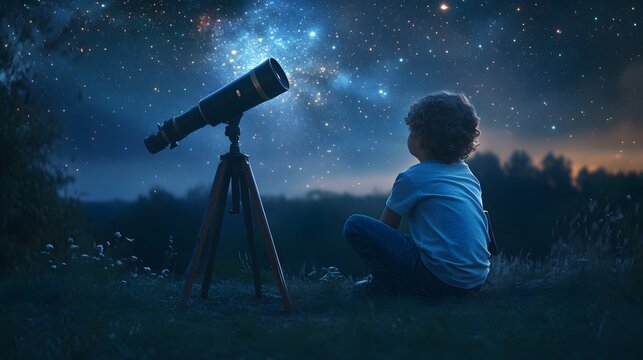 A child with a telescope observing stars in a dark rural backyard