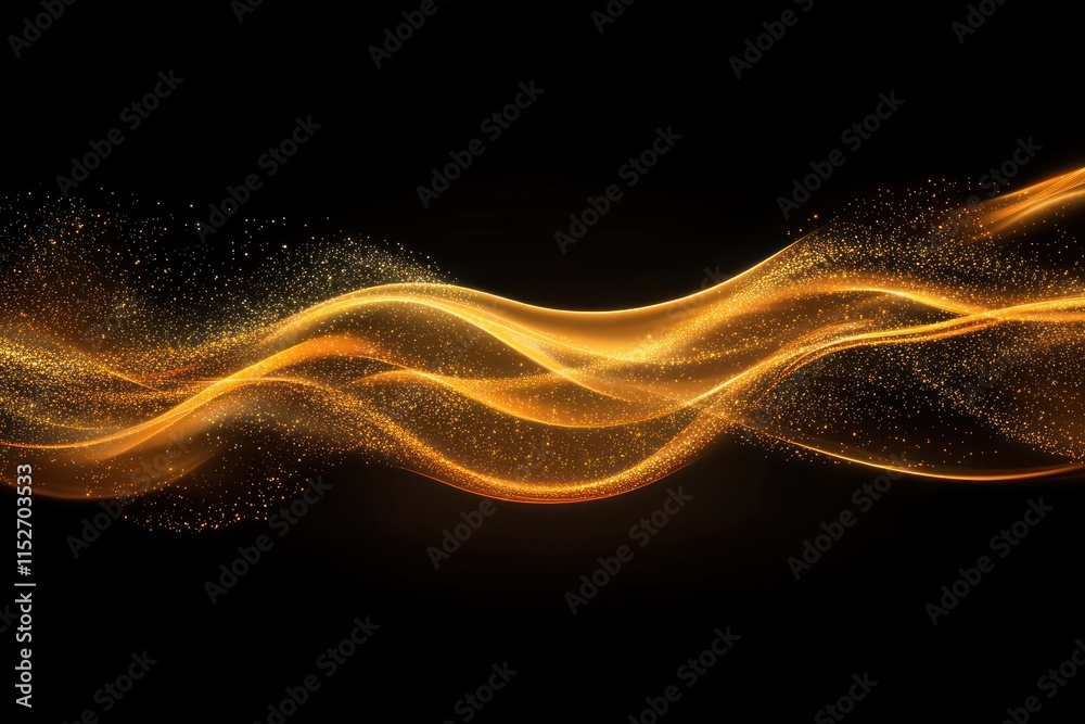 Aufkleber a flowing wave of golden light with sparkling particles on a dark background.