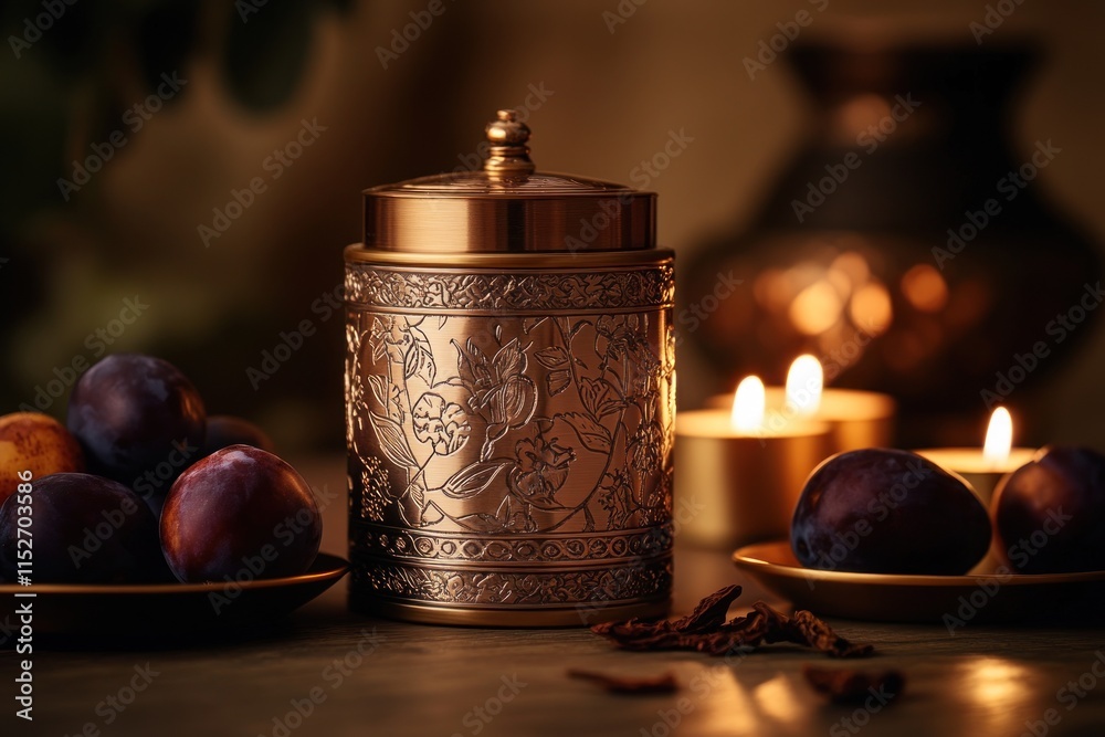 Poster A decorative container surrounded by fruits and candles, creating a warm, inviting atmosphere.