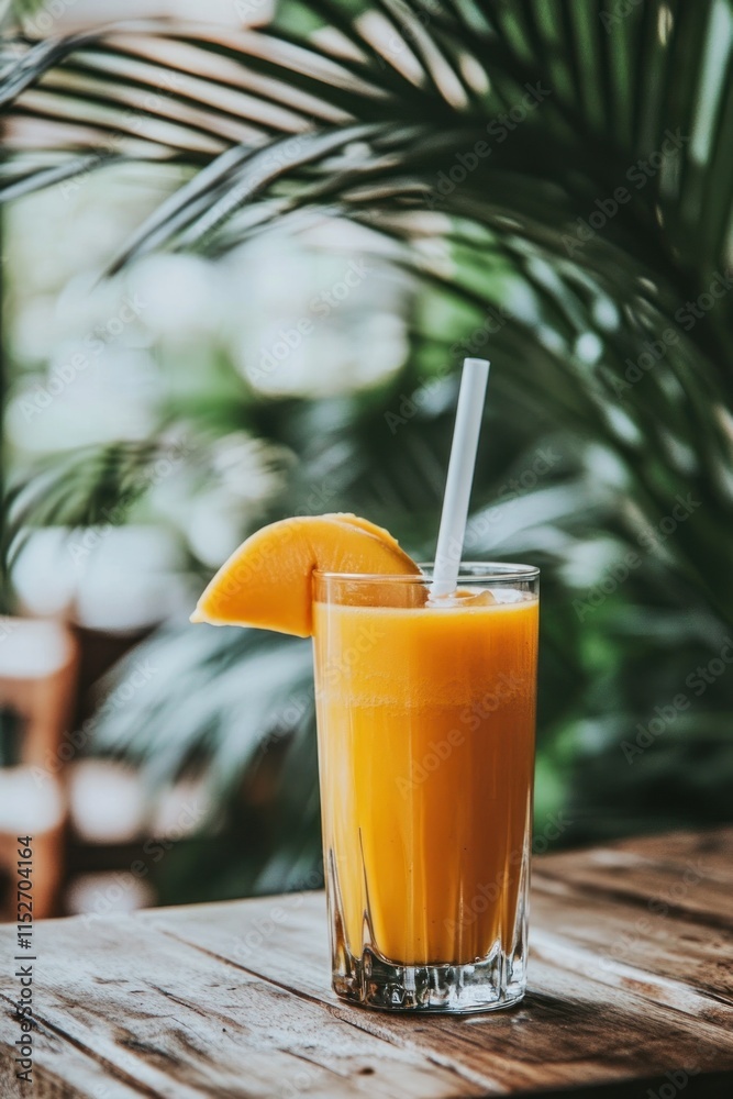 Poster a refreshing orange drink served in a glass with a slice of fruit and a straw.