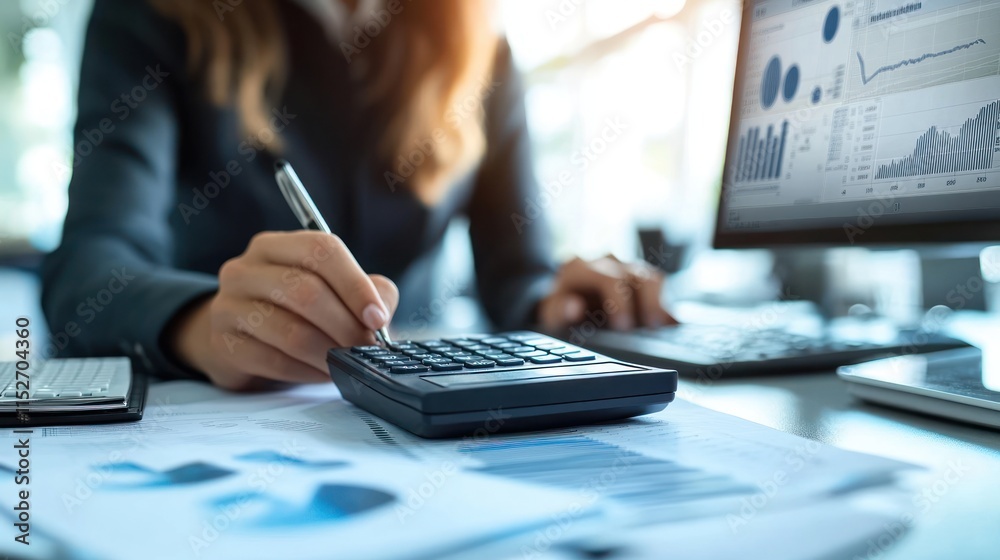 Aufkleber A person using a calculator while analyzing financial reports and graphs at a desk.
