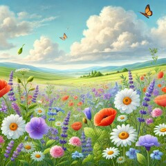 Fototapeta premium Vibrant Wildflower Meadow in Spring with Bees and Butterflies