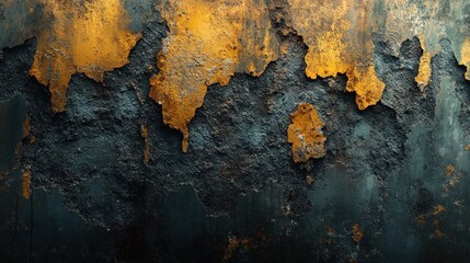 Dark, textured surface; peeling, gold, rust.