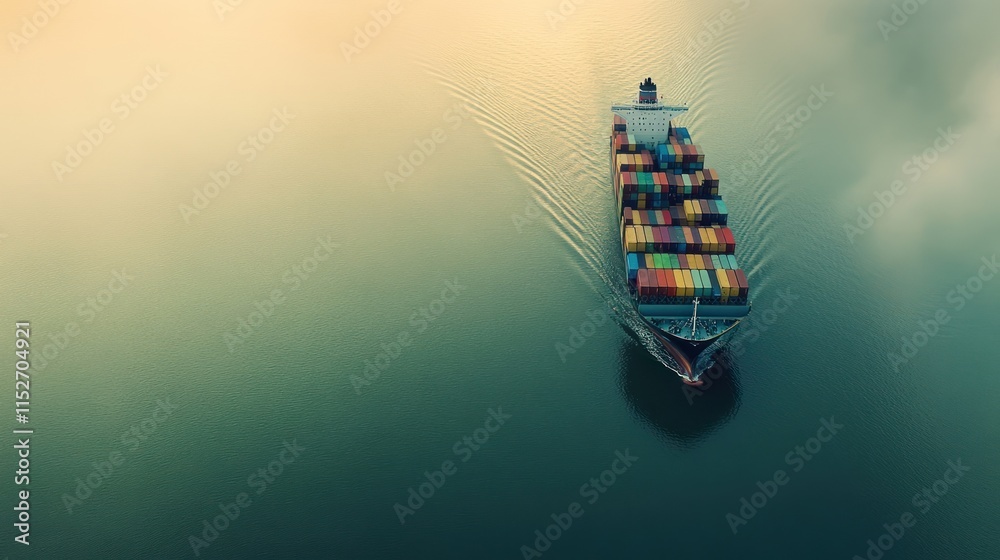 Poster aerial view of a cargo ship navigating through calm waters, showcasing shipping logistics.