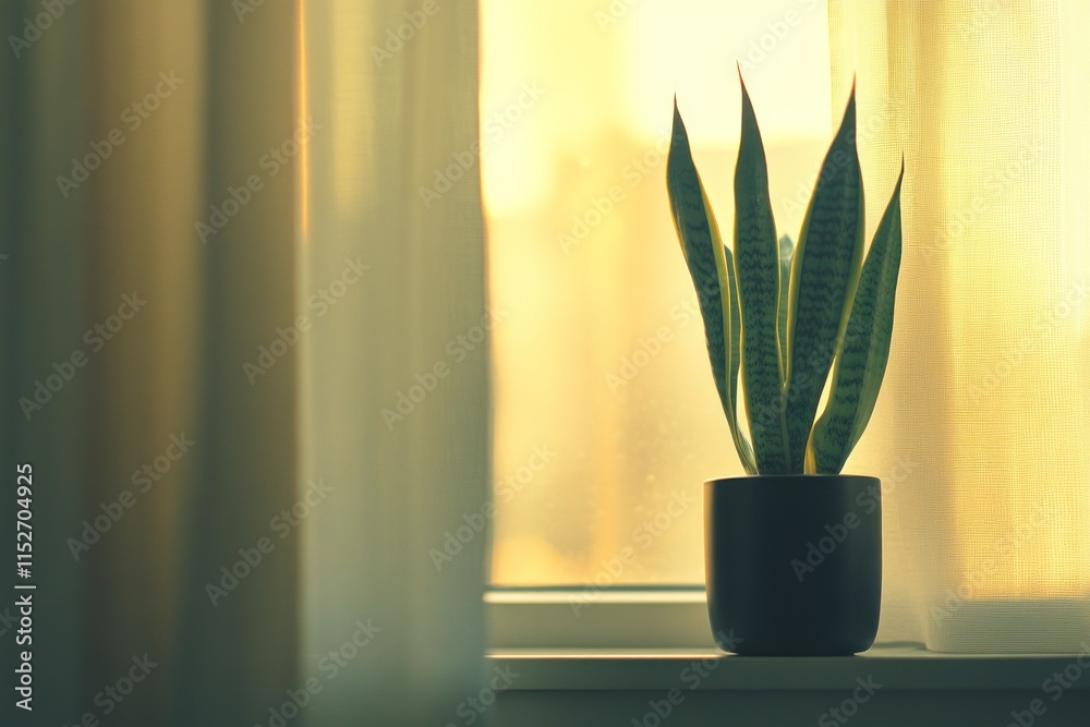 Poster A potted plant by a window with soft light filtering through sheer curtains.