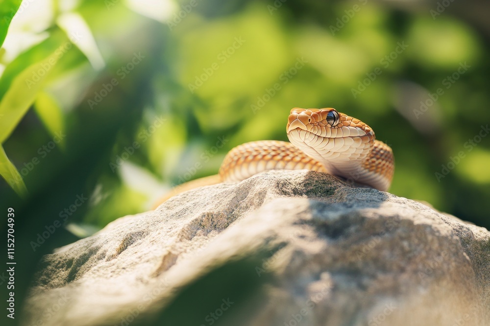 Poster a snake resting on a rock, surrounded by lush greenery in a natural setting.