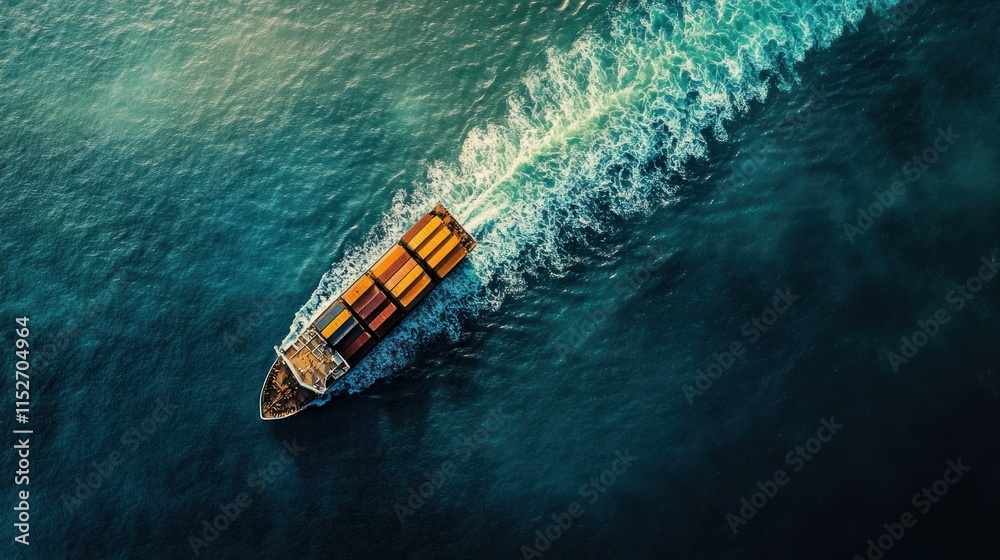 Poster aerial view of a cargo ship navigating through deep blue waters, leaving a wake behind.