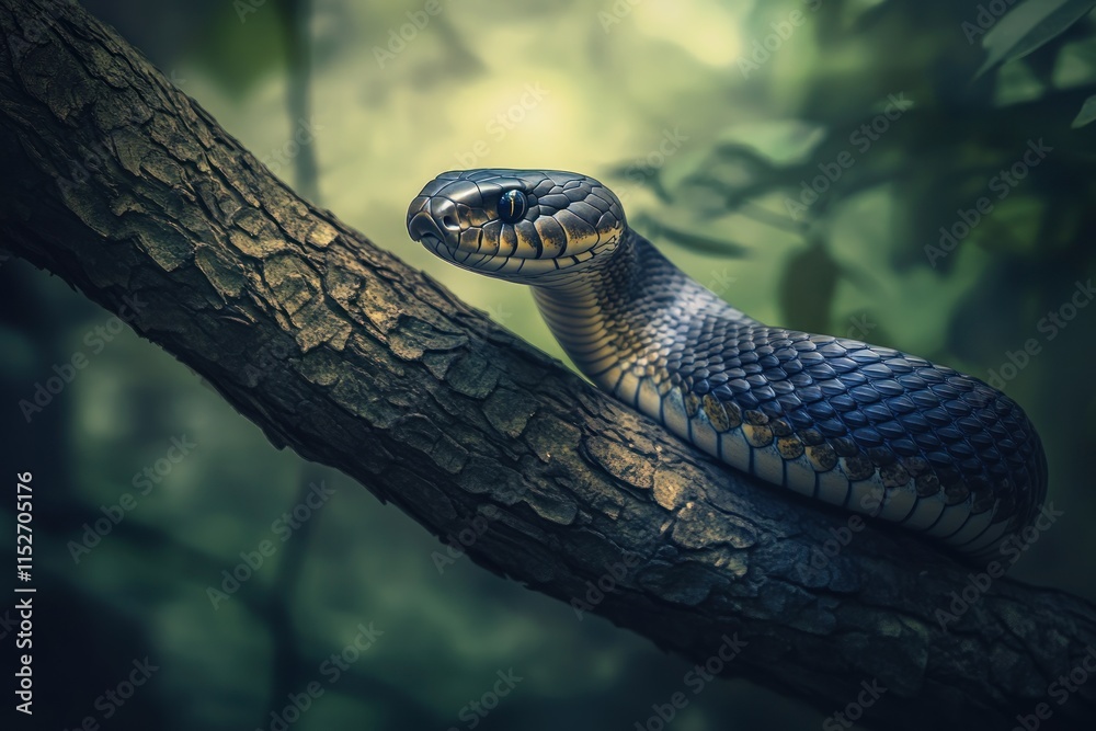 Aufkleber A snake resting on a branch in a lush, blurred forest background.