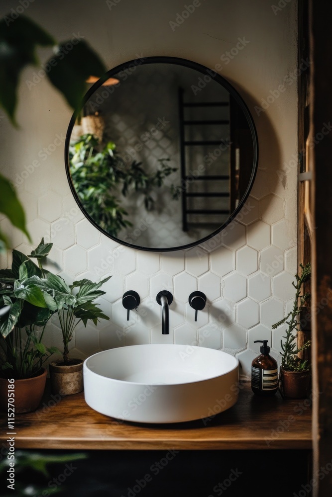 Poster a modern bathroom sink setup with plants and a round mirror.