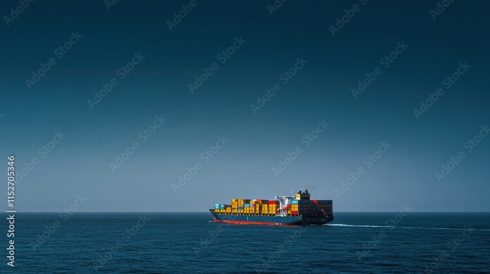Poster a cargo ship navigating through calm waters under a clear sky.