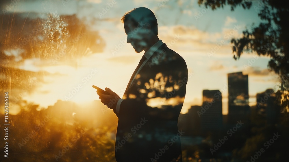 Poster a silhouette of a man in a suit using a phone against a sunset backdrop.