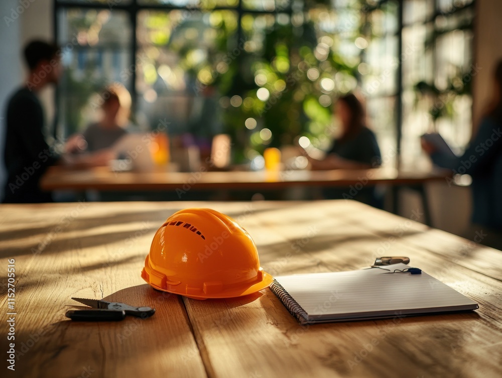 Aufkleber a workspace with a hard hat and notepad, suggesting a meeting or planning session.
