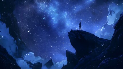 A starry sky with a silhouette of a person standing on a rocky cliff looking up
