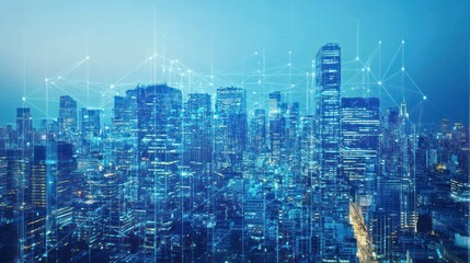 Fototapeta premium A futuristic city skyline with digital connections and a blue hue.