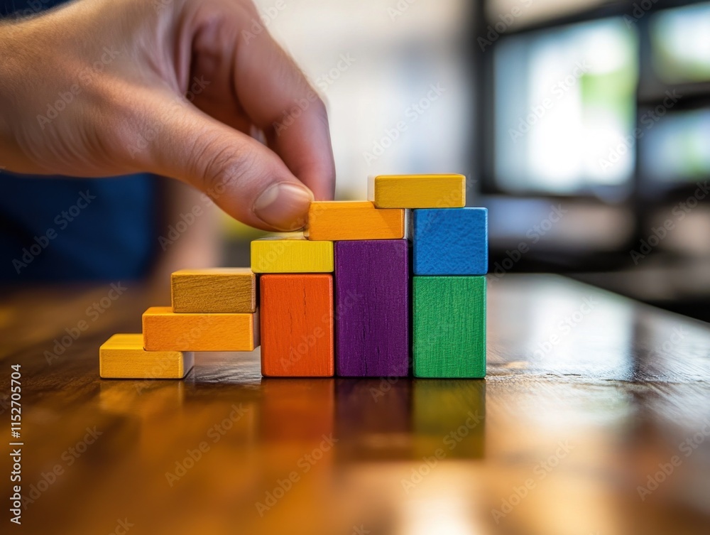 Leinwandbilder a hand arranging colorful wooden blocks into a structured formation on a table.