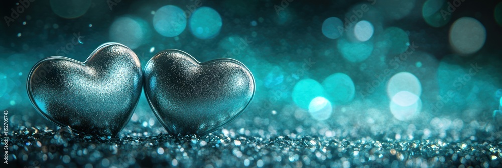 Poster Two metallic hearts on a shimmering surface with a bokeh background.