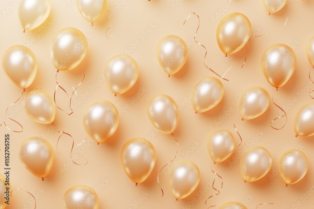 Poster a collection of shiny, pale balloons scattered on a soft background.