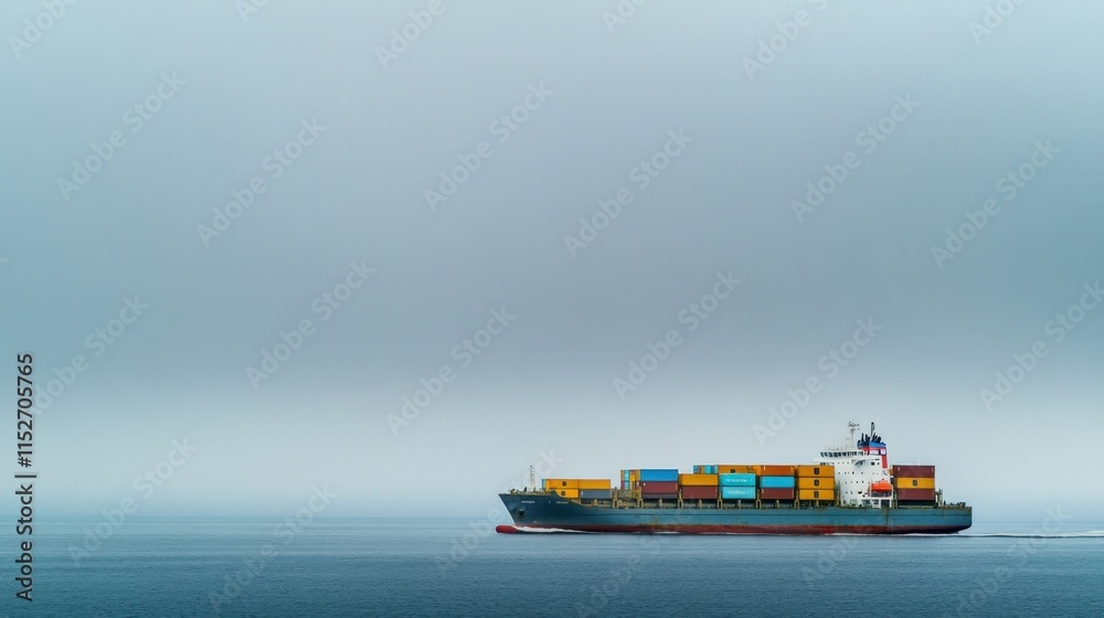 Poster a container ship navigates through calm waters under a foggy sky.