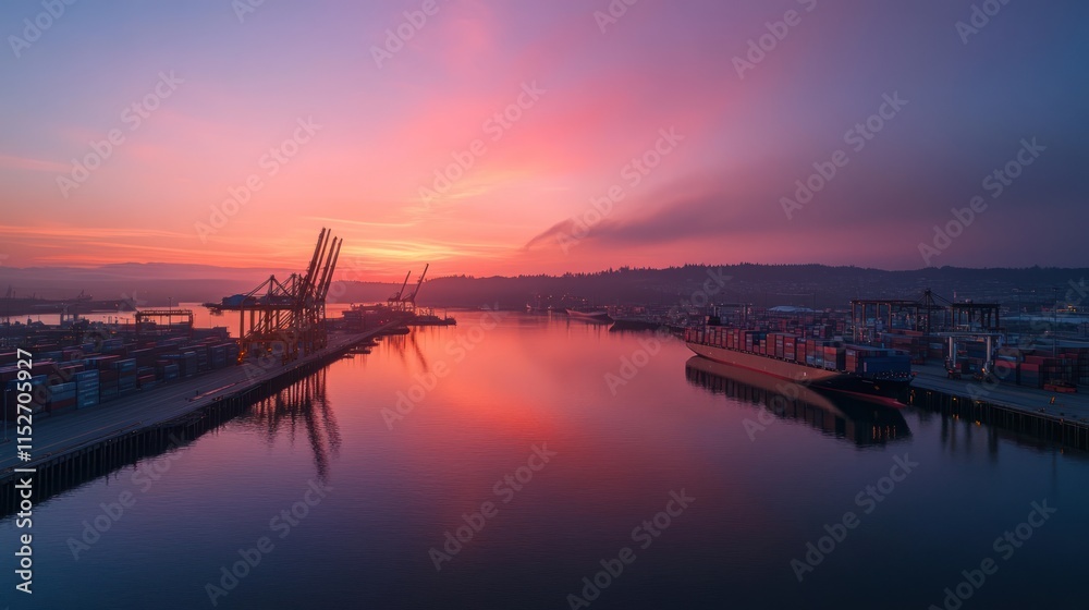 Poster a serene port scene at dawn, showcasing cranes and shipping containers reflected in water.