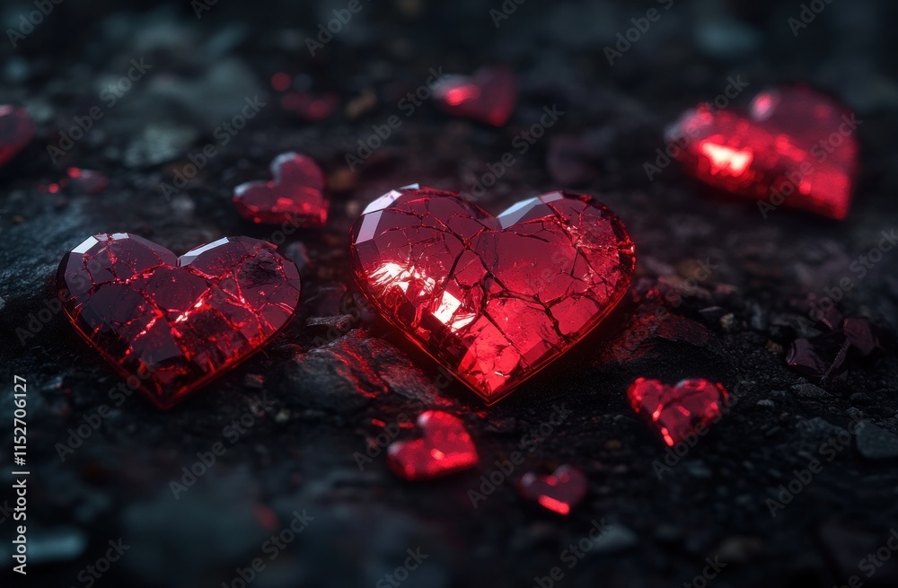 Poster shattered red heart-shaped gems scattered on a dark surface, creating a romantic ambiance.